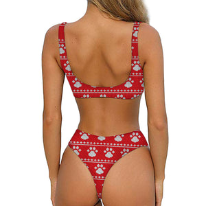 Christmas Paw Knitted Pattern Print Front Bow Tie Bikini