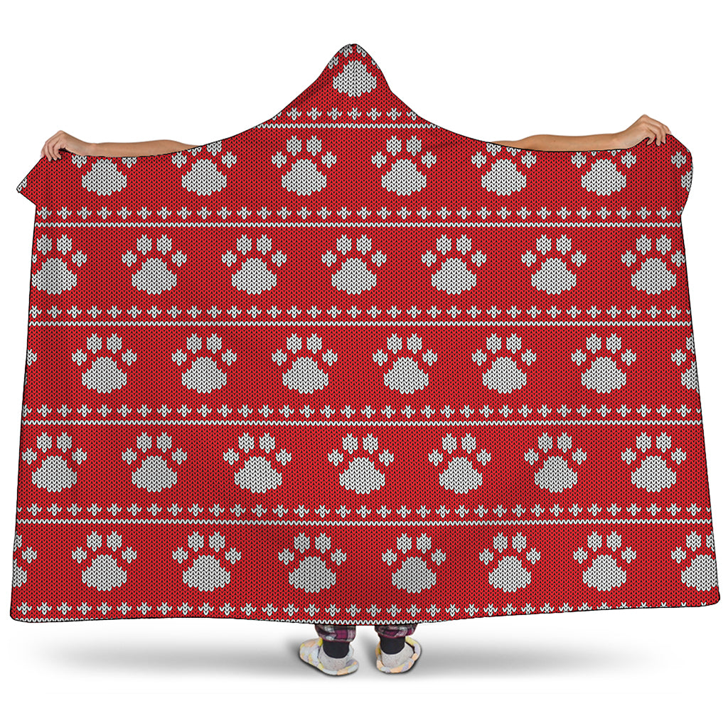 Christmas Paw Knitted Pattern Print Hooded Blanket