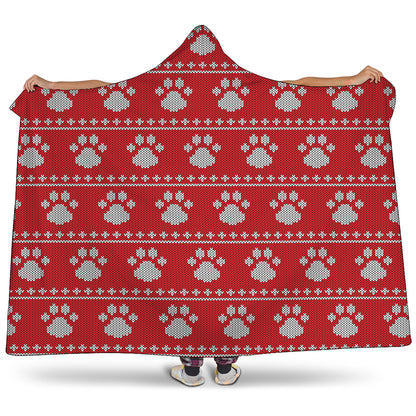 Christmas Paw Knitted Pattern Print Hooded Blanket