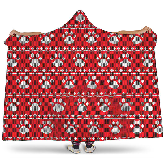 Christmas Paw Knitted Pattern Print Hooded Blanket