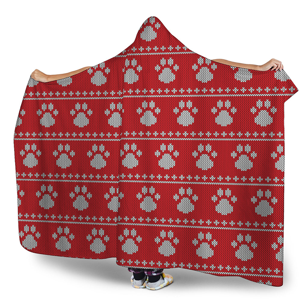Christmas Paw Knitted Pattern Print Hooded Blanket