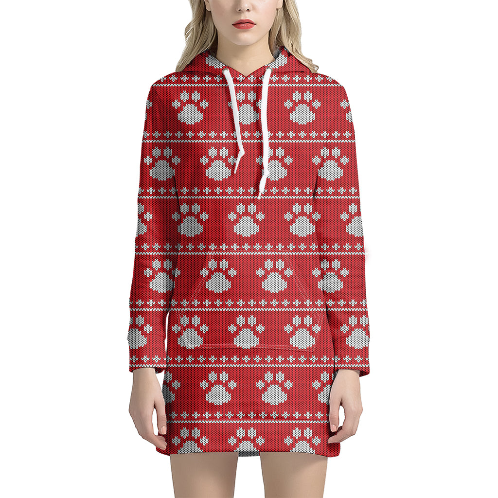 Christmas Paw Knitted Pattern Print Hoodie Dress