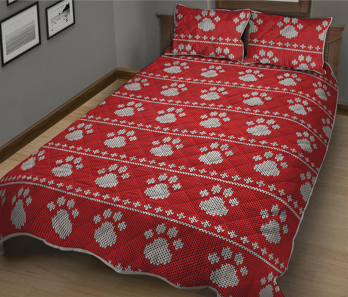 Christmas Paw Knitted Pattern Print Quilt Bed Set