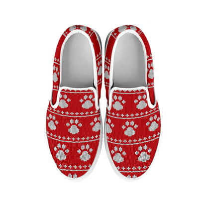 Christmas Paw Knitted Pattern Print White Slip On Shoes