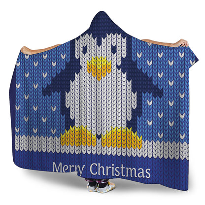 Christmas Penguin Knitted Print Hooded Blanket