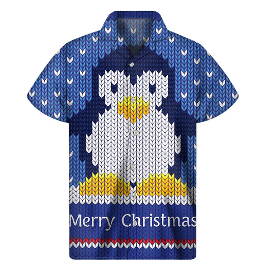 Christmas Penguin Knitted Print Men's Short Sleeve Shirt