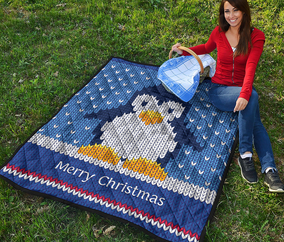 Christmas Penguin Knitted Print Quilt