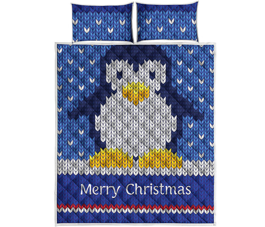 Christmas Penguin Knitted Print Quilt Bed Set