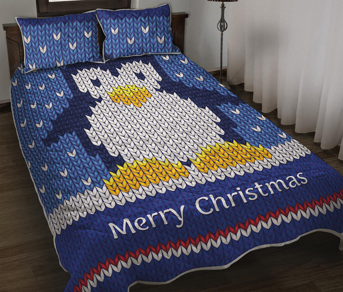 Christmas Penguin Knitted Print Quilt Bed Set