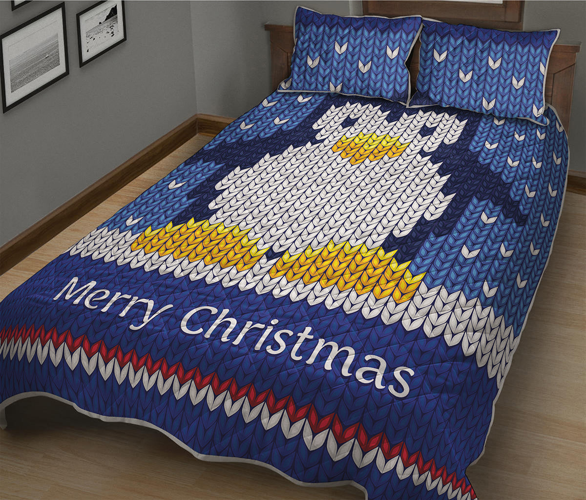 Christmas Penguin Knitted Print Quilt Bed Set
