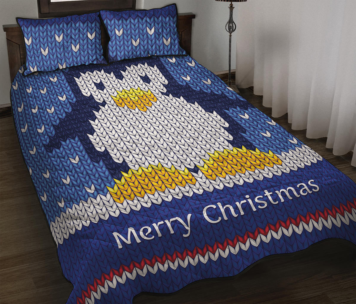 Christmas Penguin Knitted Print Quilt Bed Set
