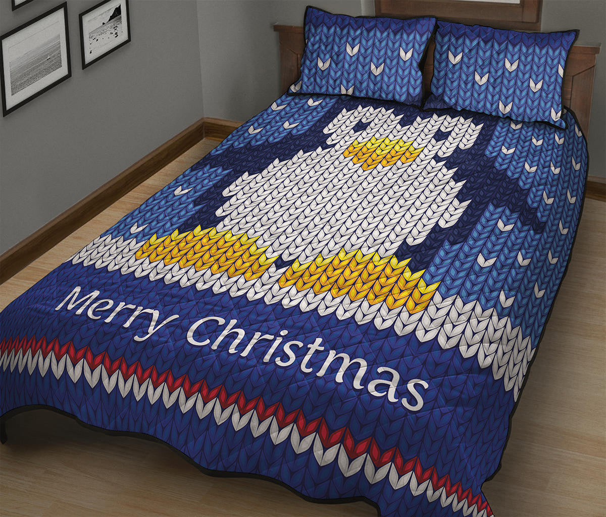 Christmas Penguin Knitted Print Quilt Bed Set