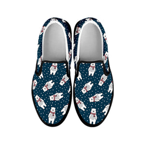 Christmas Polar Bear Pattern Print Black Slip On Shoes