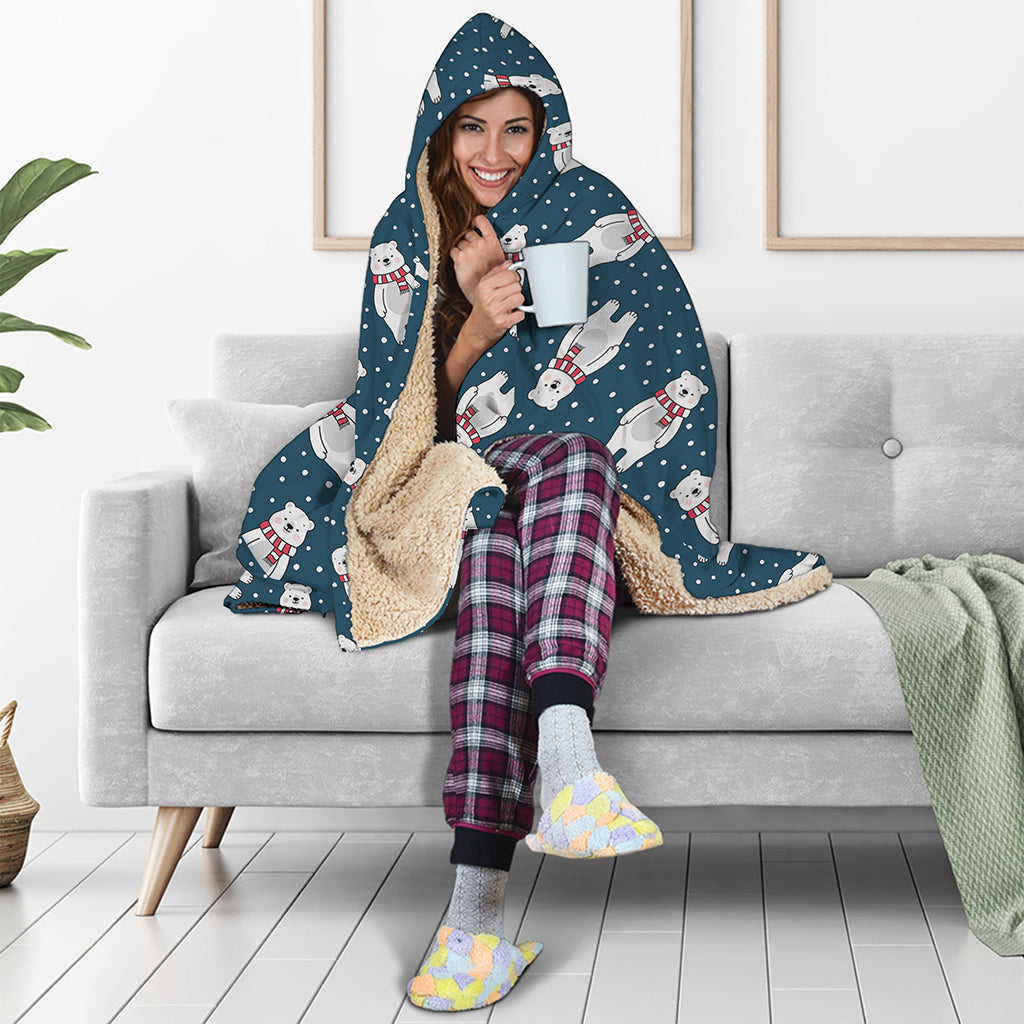 Christmas Polar Bear Pattern Print Hooded Blanket
