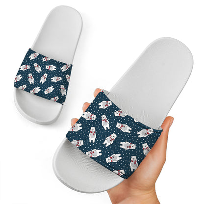 Christmas Polar Bear Pattern Print White Slide Sandals