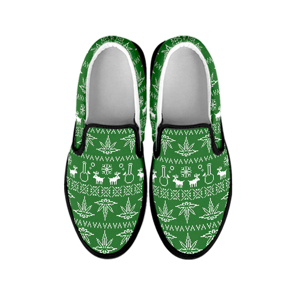 Christmas Pot Leaf Pattern Print Black Slip On Shoes