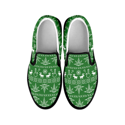 Christmas Pot Leaf Pattern Print Black Slip On Shoes