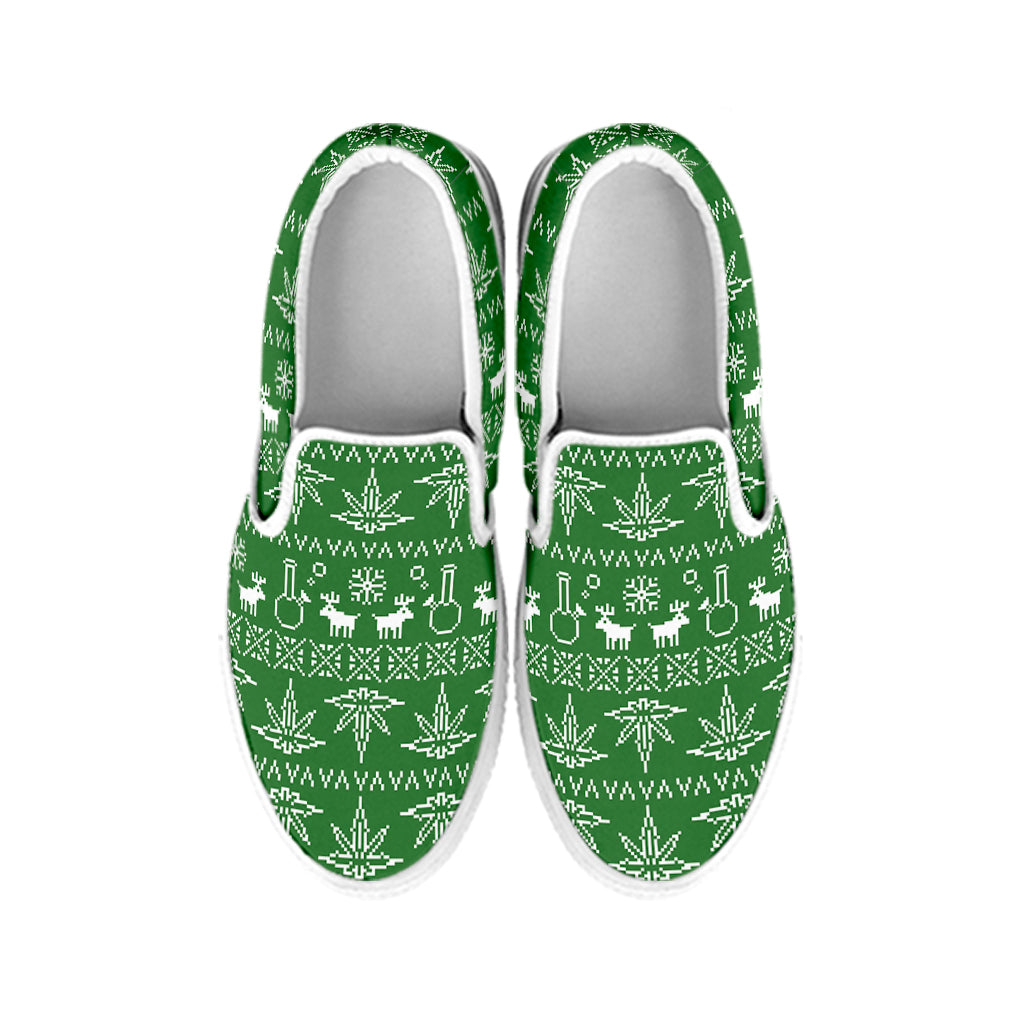 Christmas Pot Leaf Pattern Print White Slip On Shoes