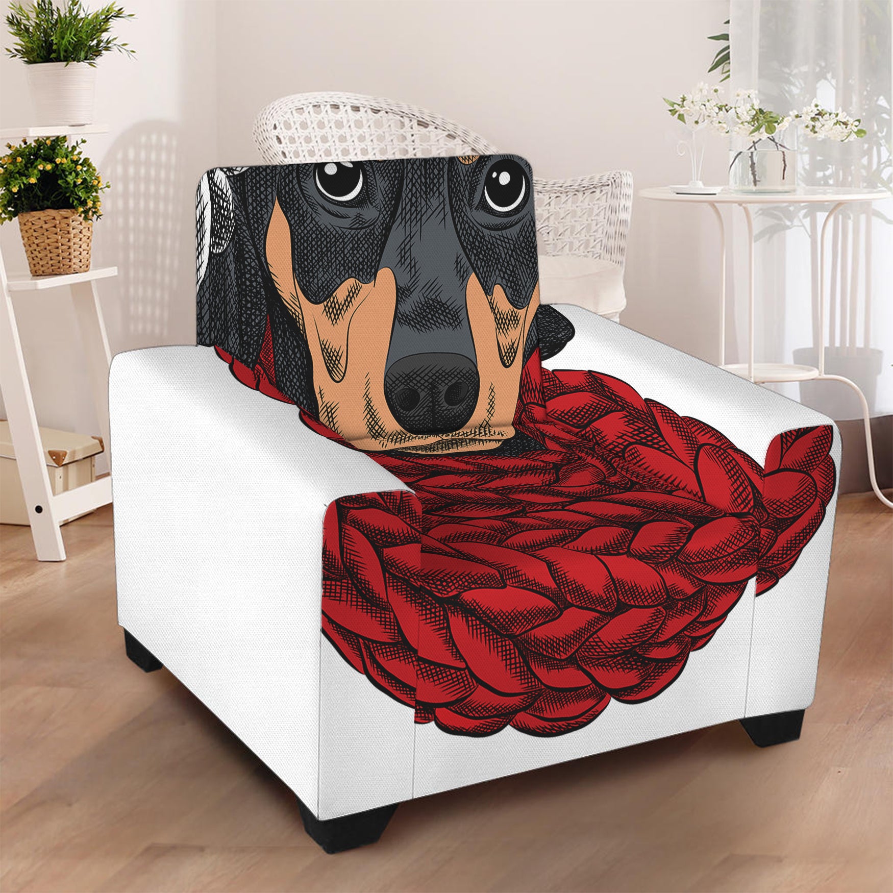 Christmas Santa Dachshund Print Armchair Slipcover