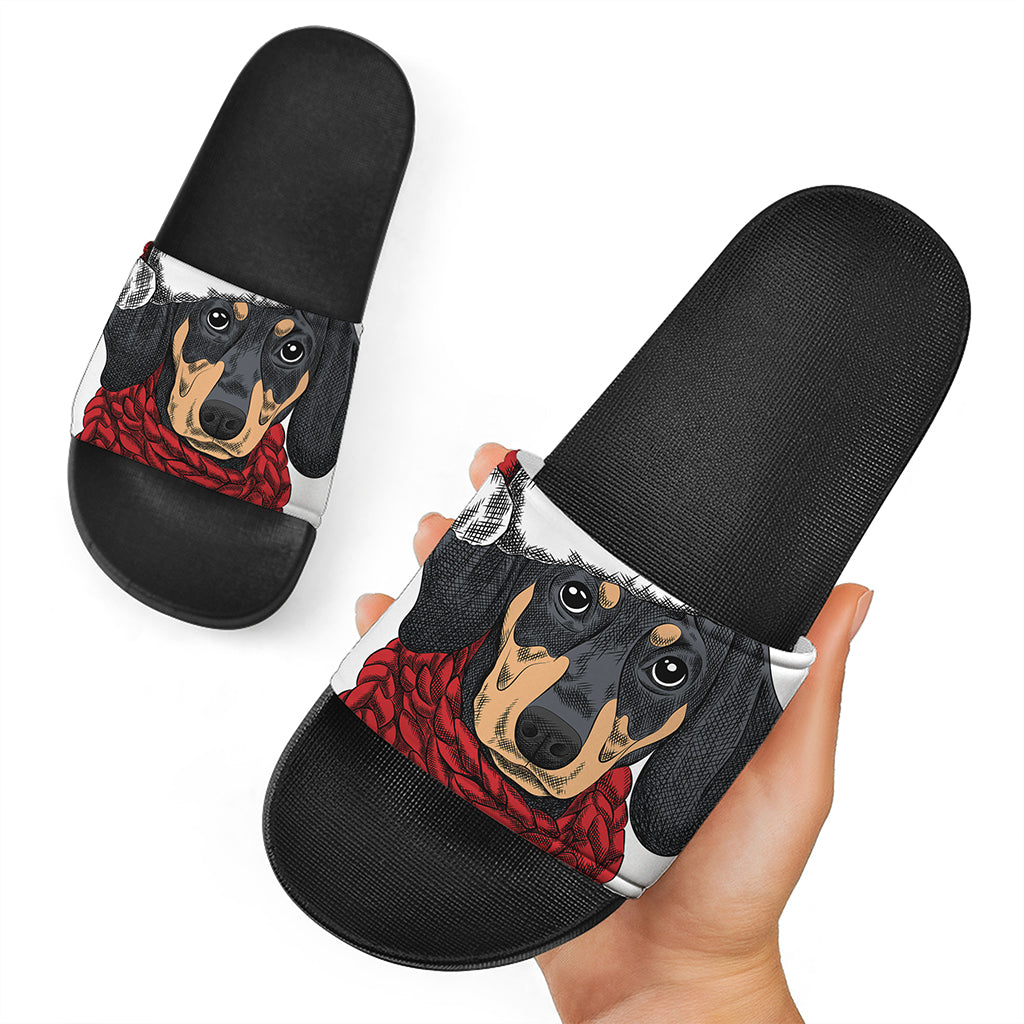 Christmas Santa Dachshund Print Black Slide Sandals