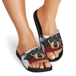 Christmas Santa Dachshund Print Black Slide Sandals