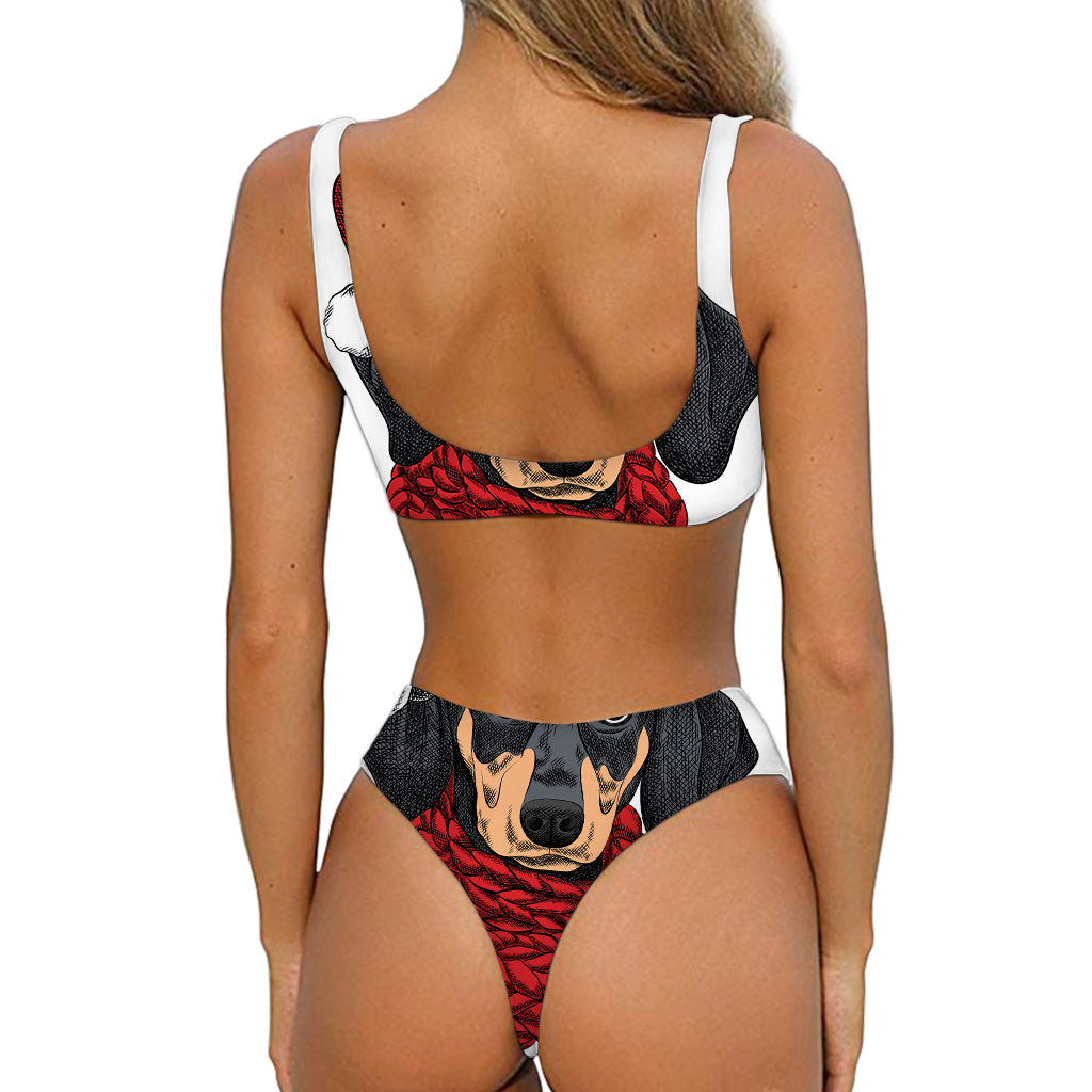 Christmas Santa Dachshund Print Front Bow Tie Bikini