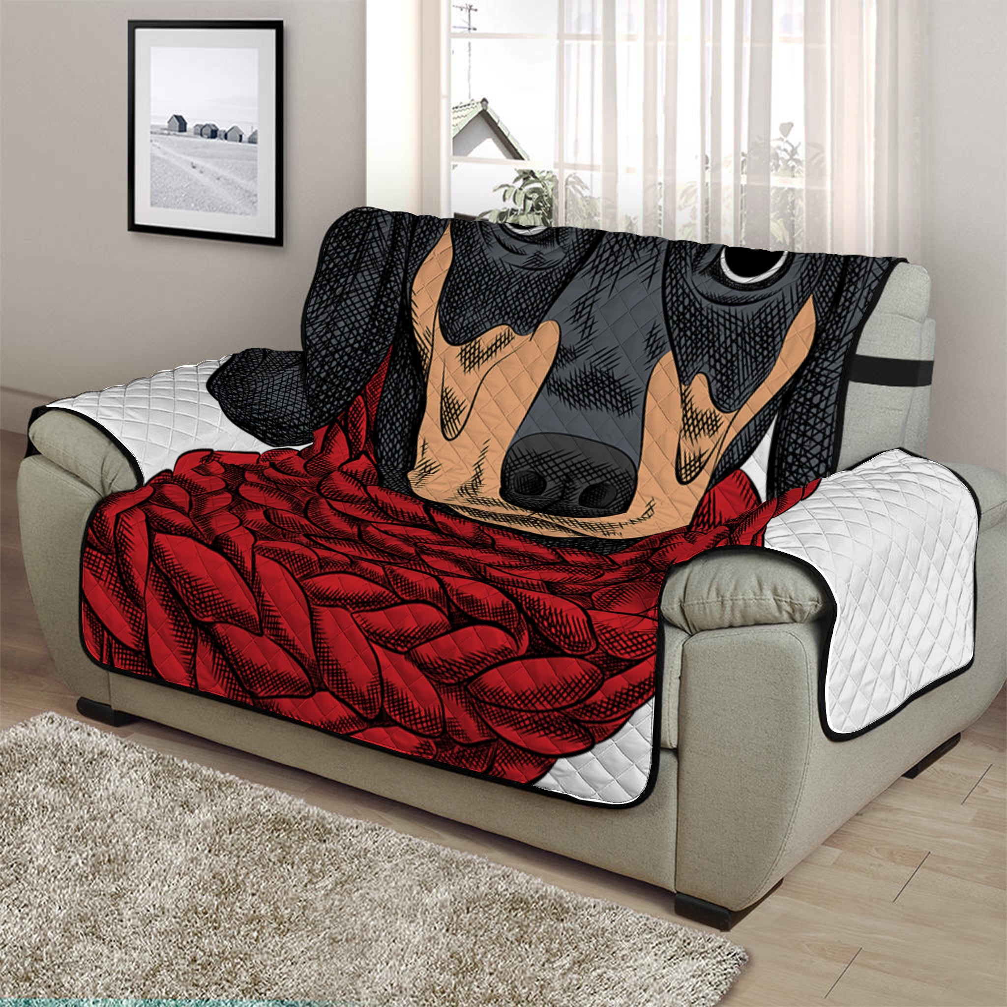 Christmas Santa Dachshund Print Half Sofa Protector