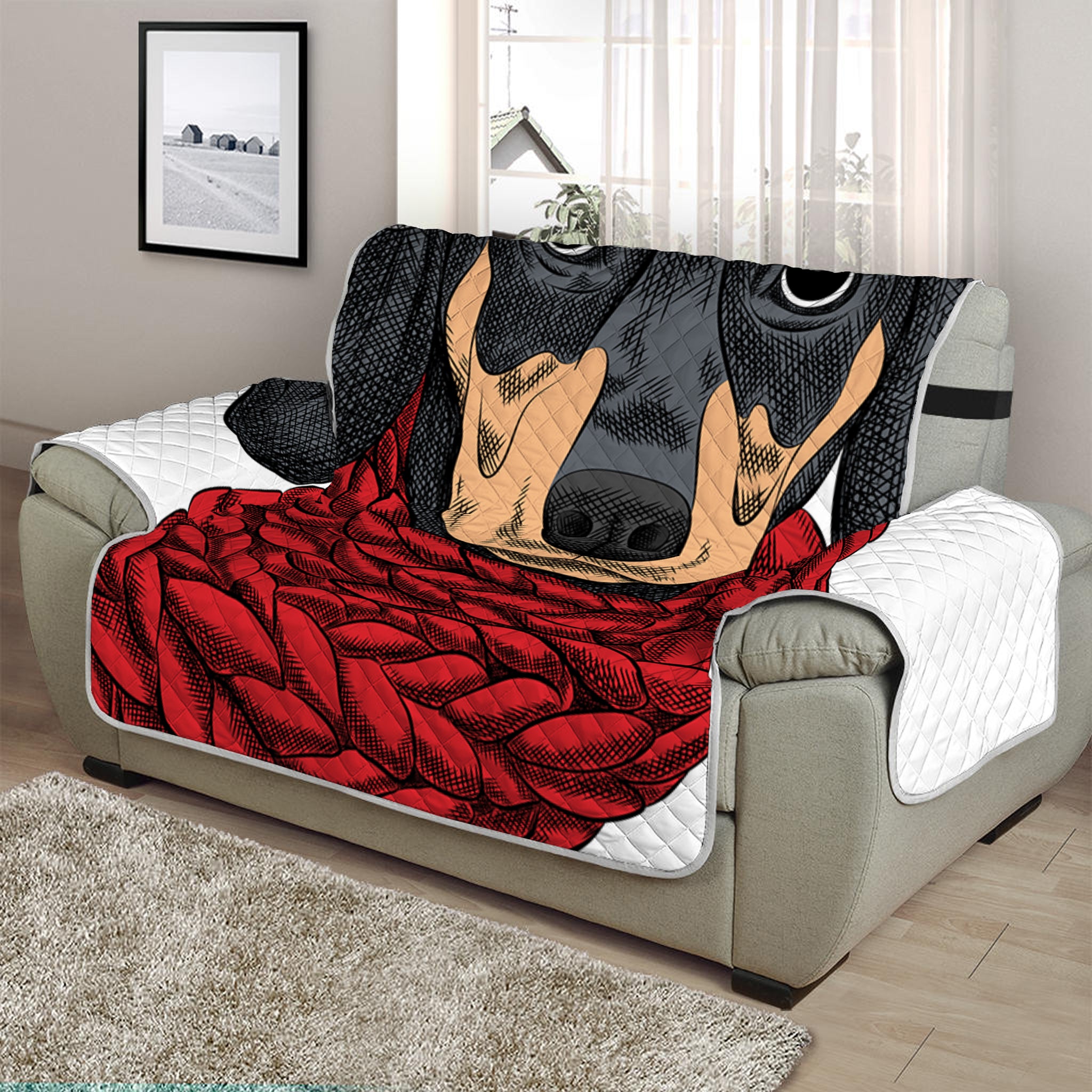 Christmas Santa Dachshund Print Half Sofa Protector