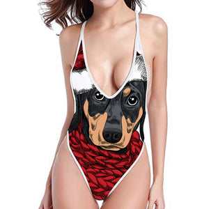 Christmas Santa Dachshund Print High Cut One Piece Swimsuit