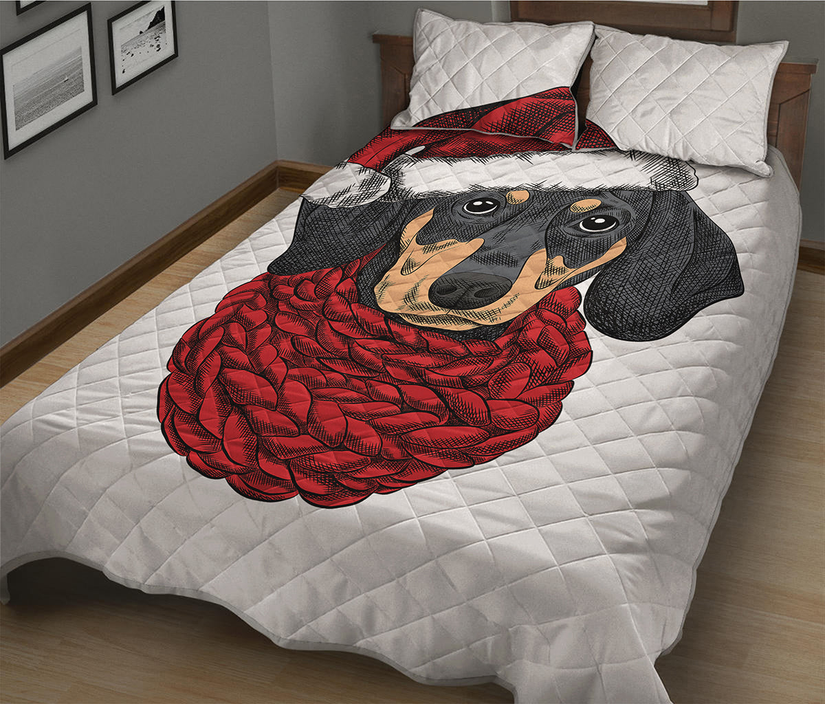 Christmas Santa Dachshund Print Quilt Bed Set