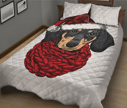 Christmas Santa Dachshund Print Quilt Bed Set