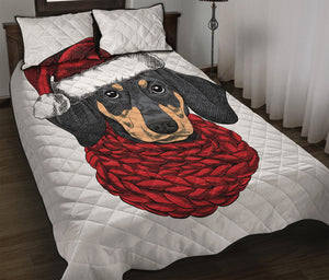 Christmas Santa Dachshund Print Quilt Bed Set