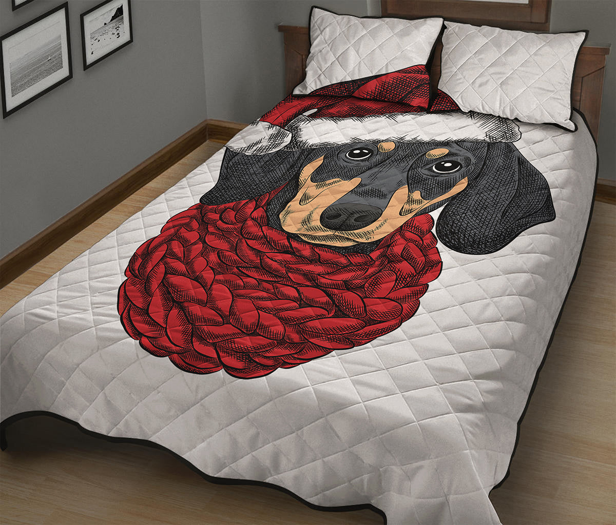 Christmas Santa Dachshund Print Quilt Bed Set