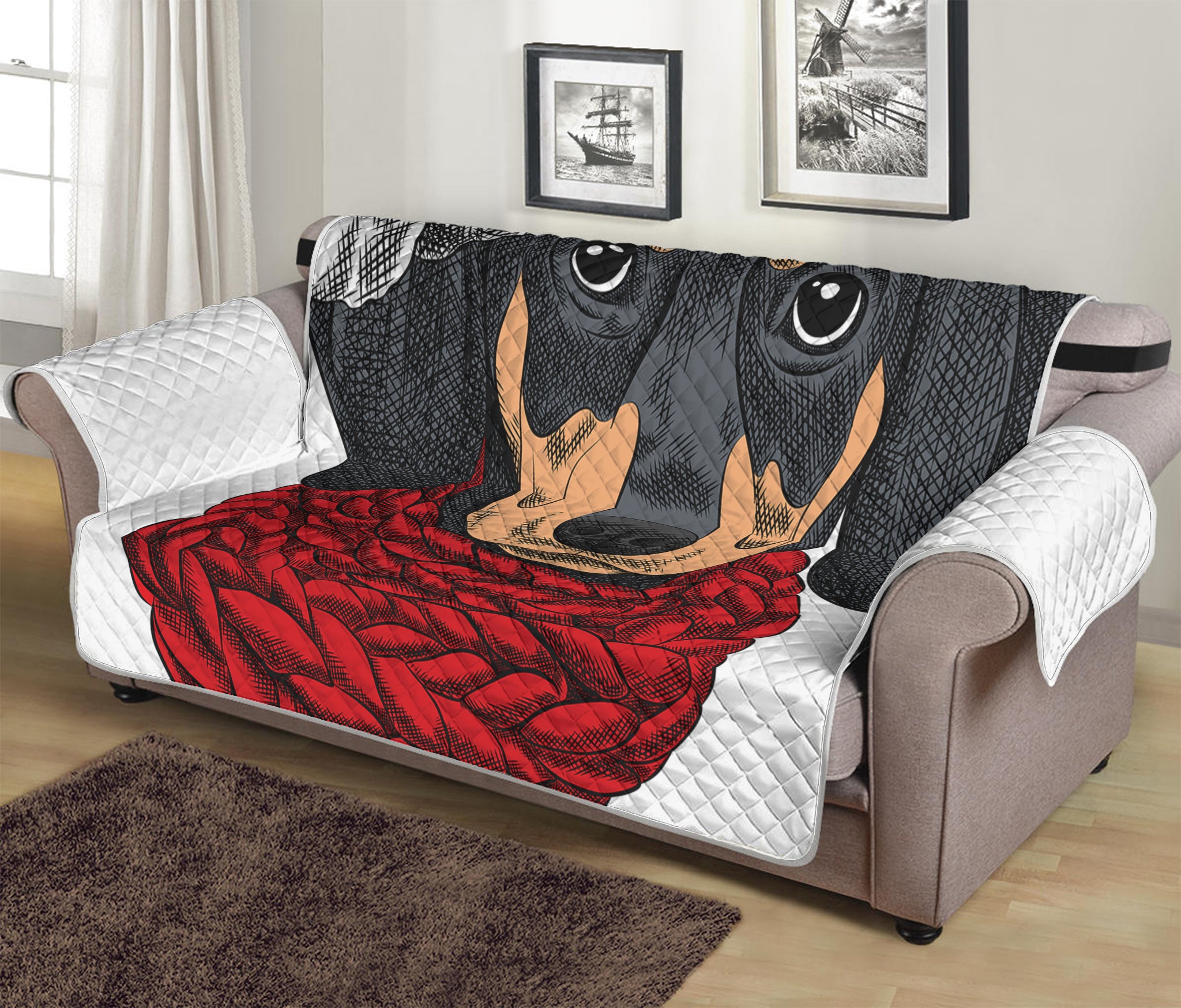 Christmas Santa Dachshund Print Sofa Protector