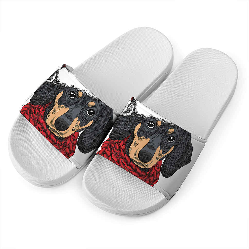 Christmas Santa Dachshund Print White Slide Sandals