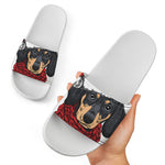 Christmas Santa Dachshund Print White Slide Sandals