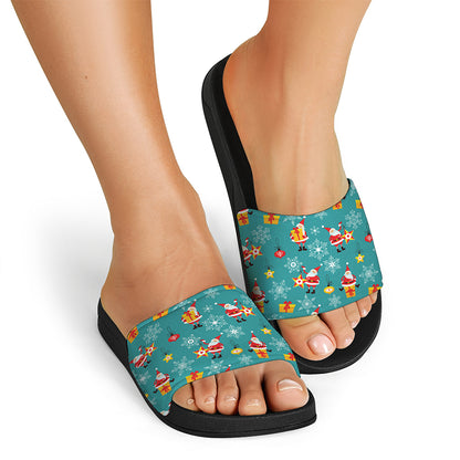 Christmas Santa Gift Pattern Print Black Slide Sandals