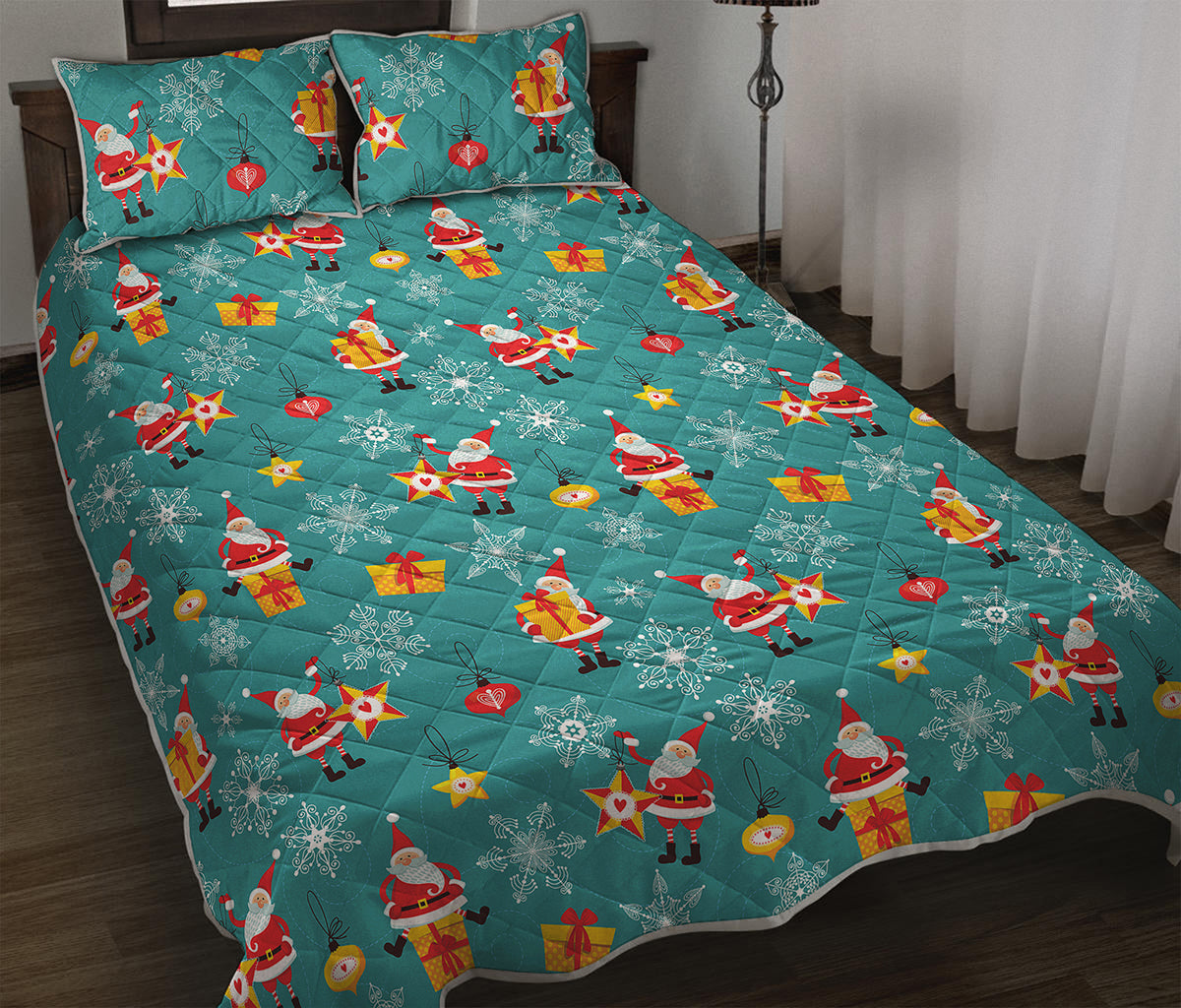 Christmas Santa Gift Pattern Print Quilt Bed Set