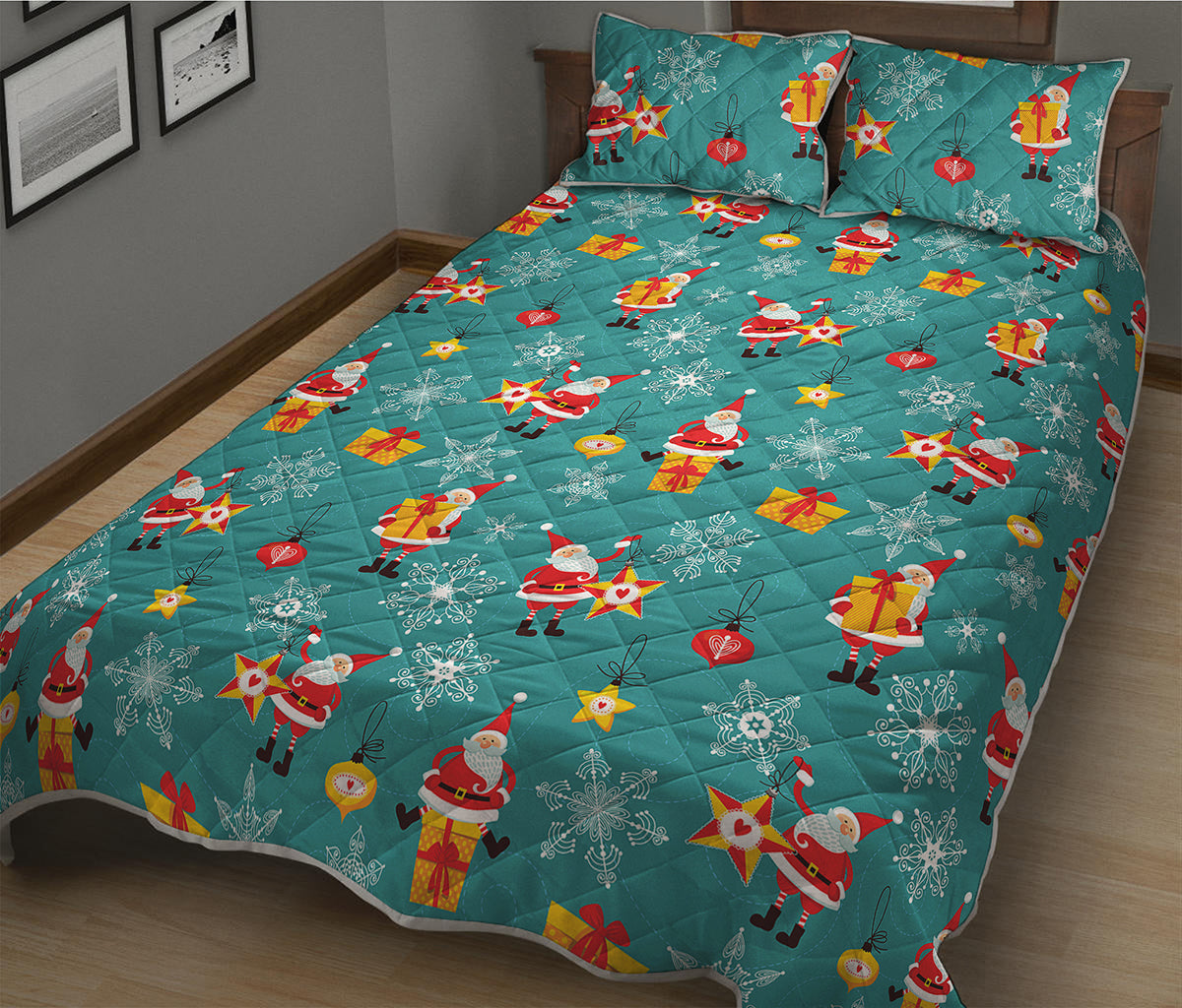 Christmas Santa Gift Pattern Print Quilt Bed Set