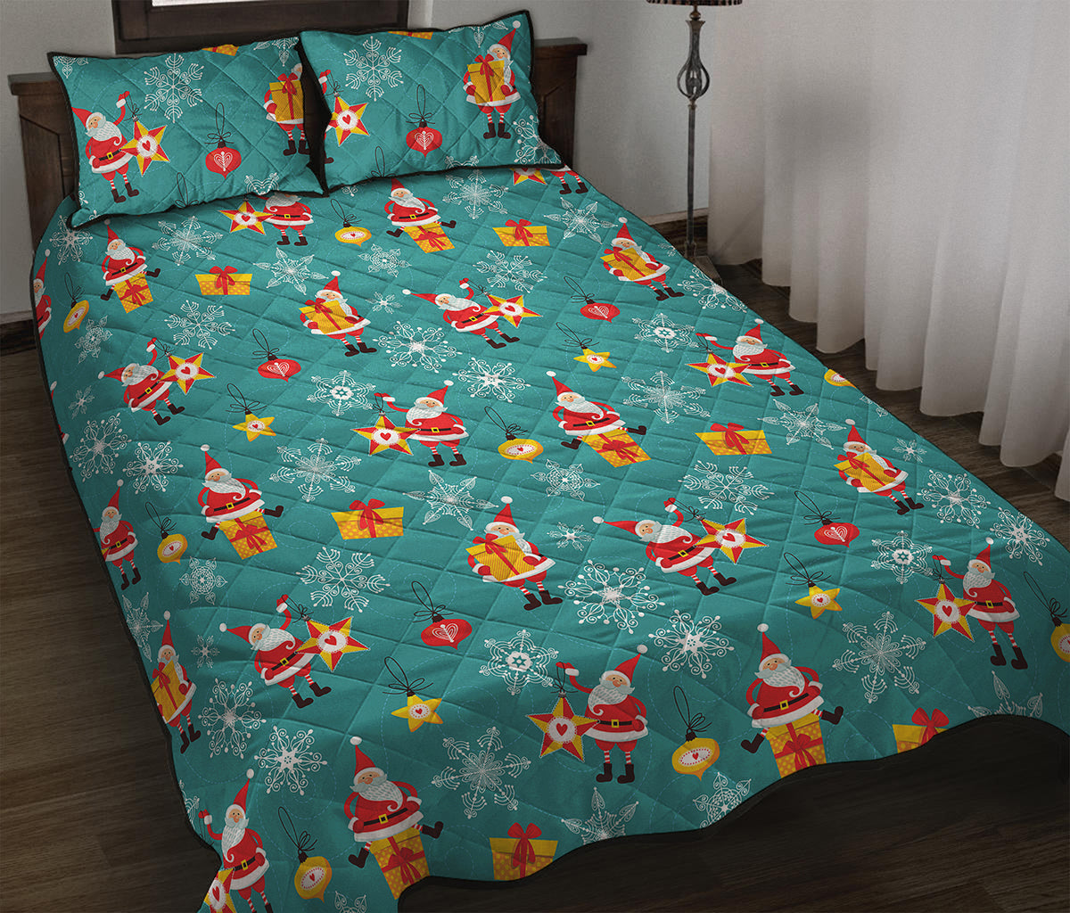 Christmas Santa Gift Pattern Print Quilt Bed Set