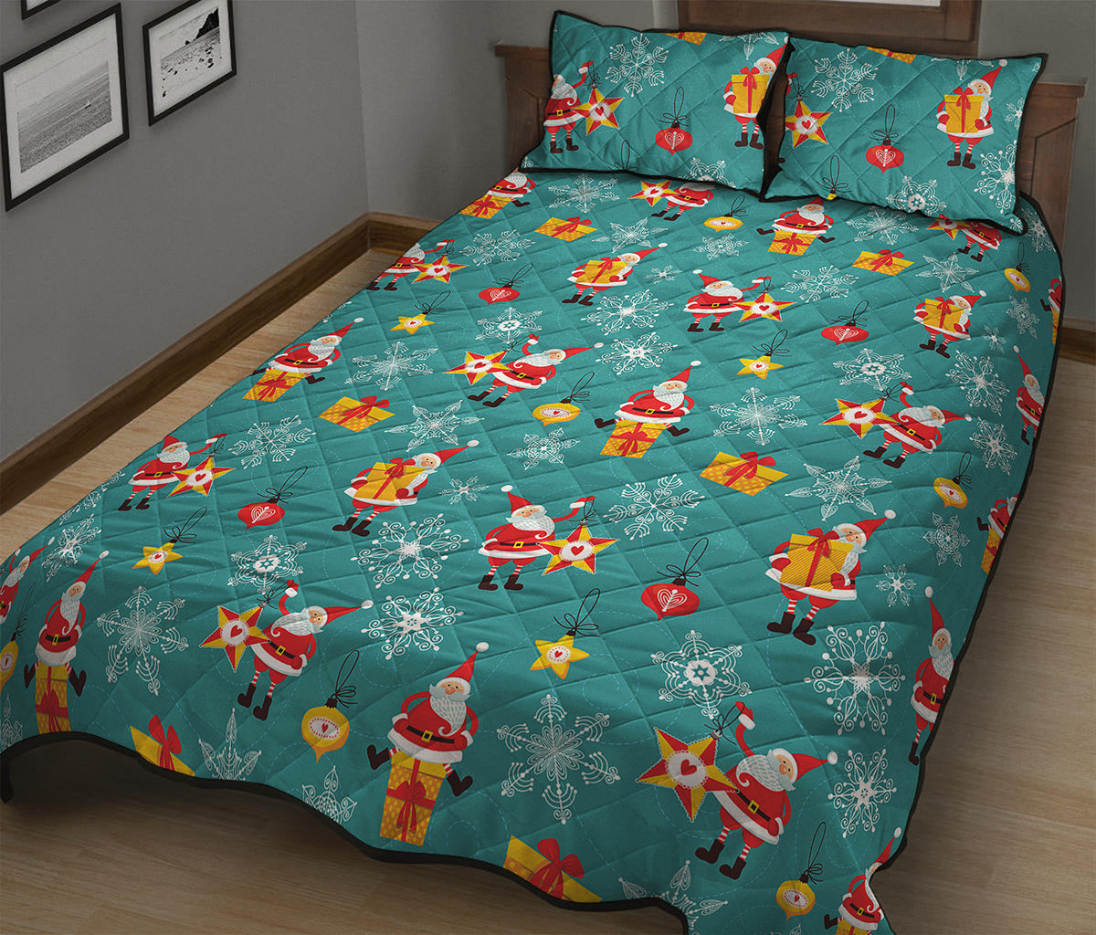 Christmas Santa Gift Pattern Print Quilt Bed Set