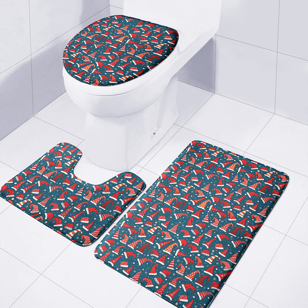 Christmas Santa Hats Pattern Print 3 Piece Bath Mat Set
