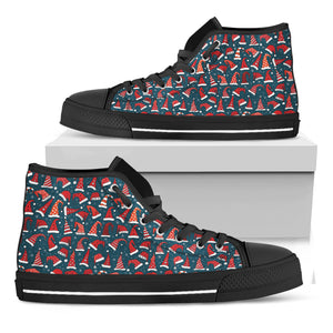 Christmas Santa Hats Pattern Print Black High Top Shoes