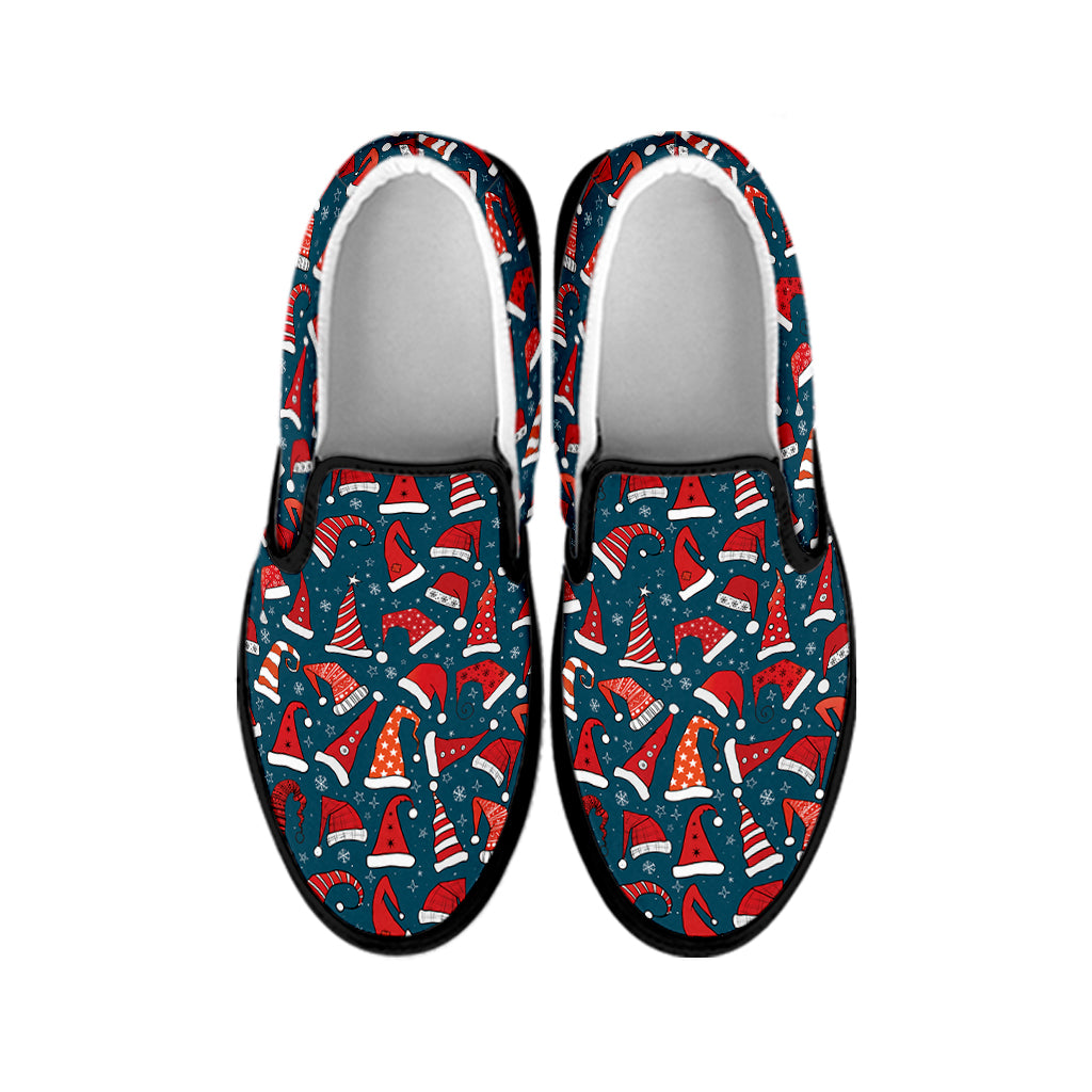Christmas Santa Hats Pattern Print Black Slip On Shoes