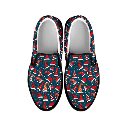 Christmas Santa Hats Pattern Print Black Slip On Shoes