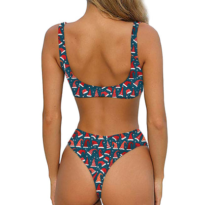 Christmas Santa Hats Pattern Print Front Bow Tie Bikini