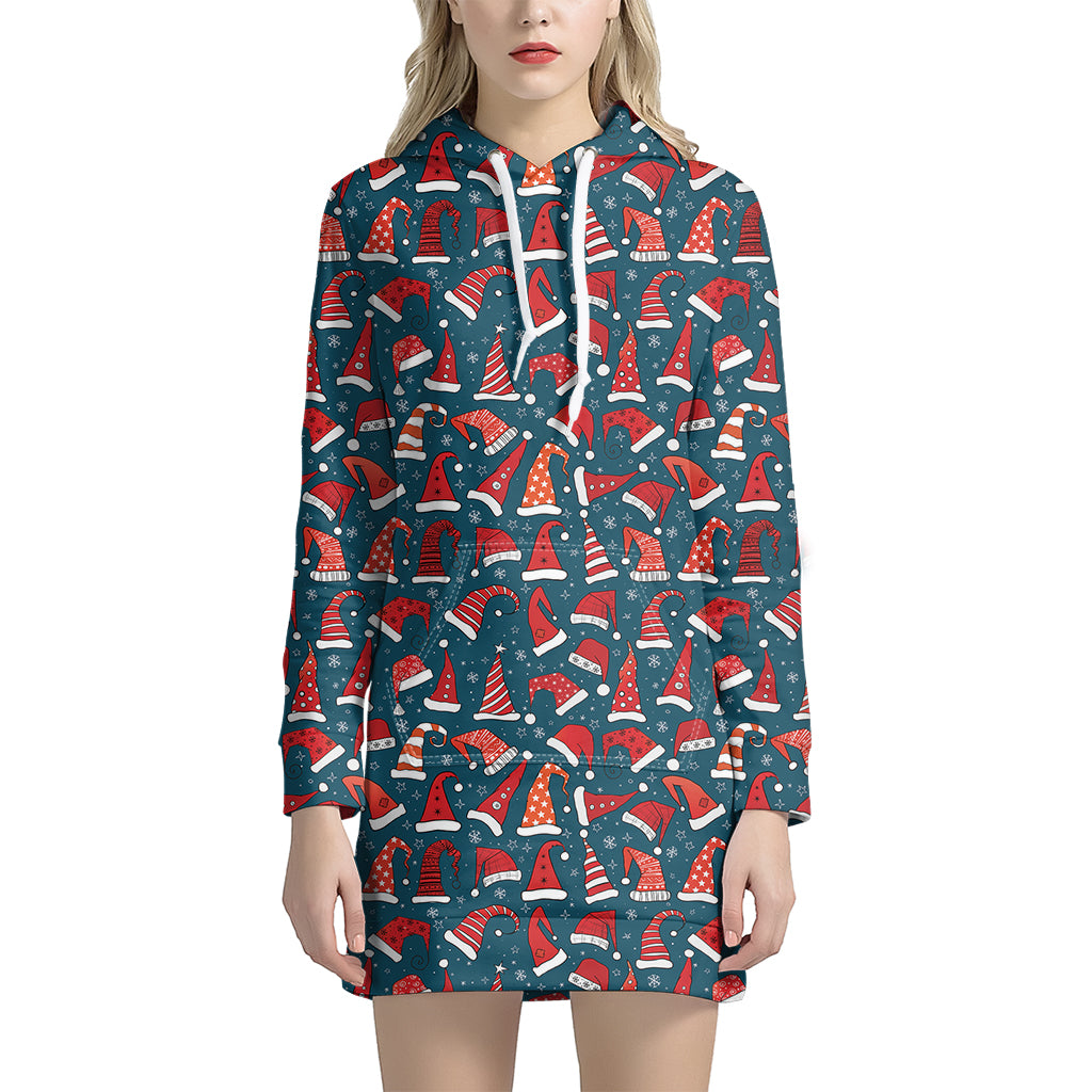 Christmas Santa Hats Pattern Print Hoodie Dress