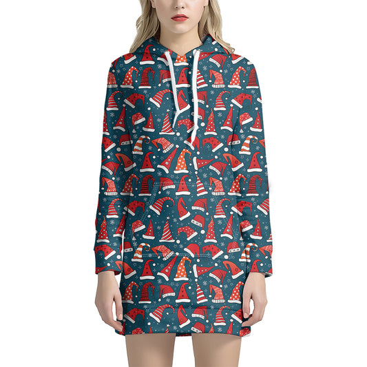 Christmas Santa Hats Pattern Print Hoodie Dress