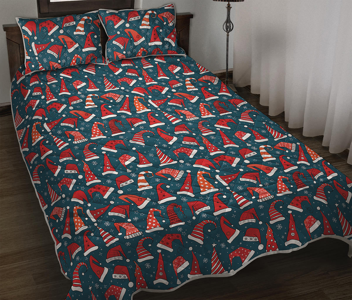 Christmas Santa Hats Pattern Print Quilt Bed Set