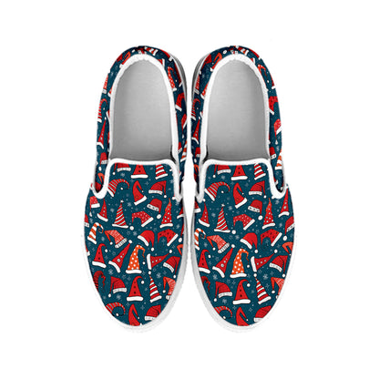 Christmas Santa Hats Pattern Print White Slip On Shoes